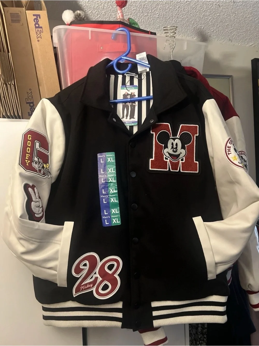 Men's Black and White Mickey Varsity Bomber Jacket